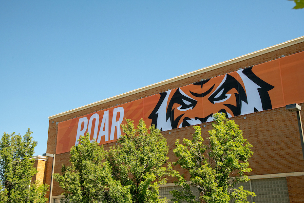 Campus banner on Fine Arts Building featuring Bengal logo.