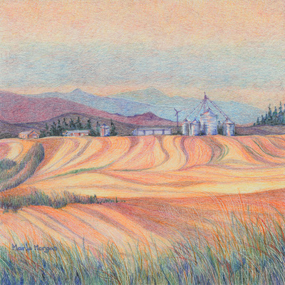 colored pencil drawing of silos in ag country