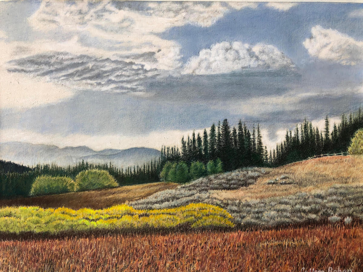 Colored pencil drawing of mountain landscape