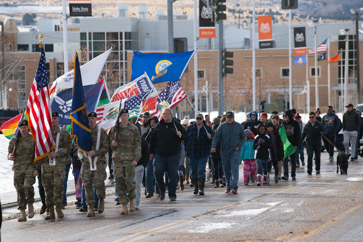 The front of the March heading up Martin Luther King Jr. Way towards Stephens Center.