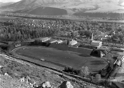 Black and white photo of historic Davis Field.