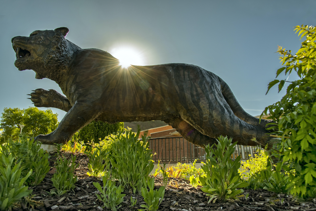 Bengal sculpture outside of Student Union backlit by sunrise.