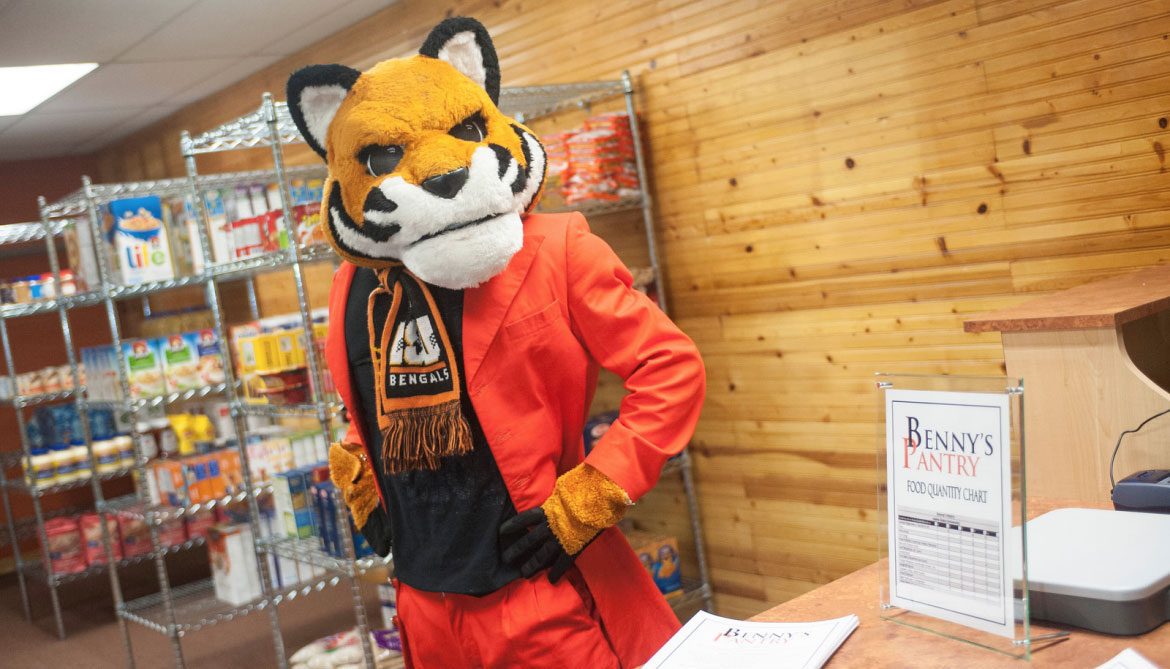 Benny the Bengal posing at the Pocatello campus Benny's Pantry