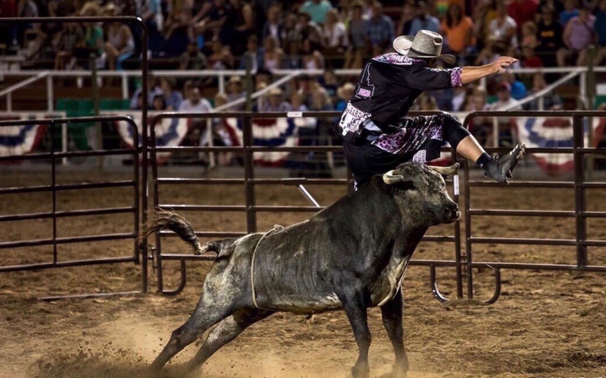 Student Fenstermaker jumping over the horns of a bull at a rodeo.