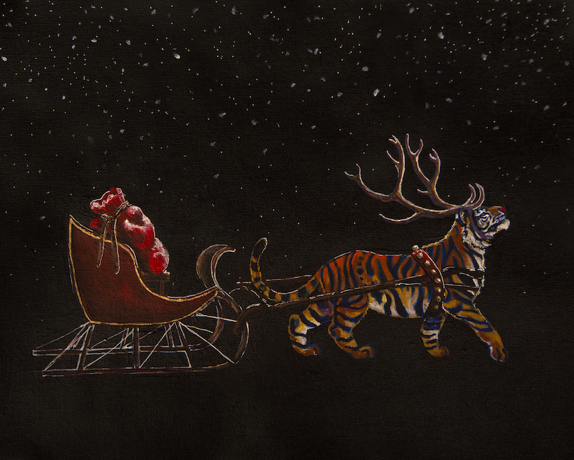 An image of the winning holiday card entry of Bengal with reindeer antlers pulling the sleigh in the sky.