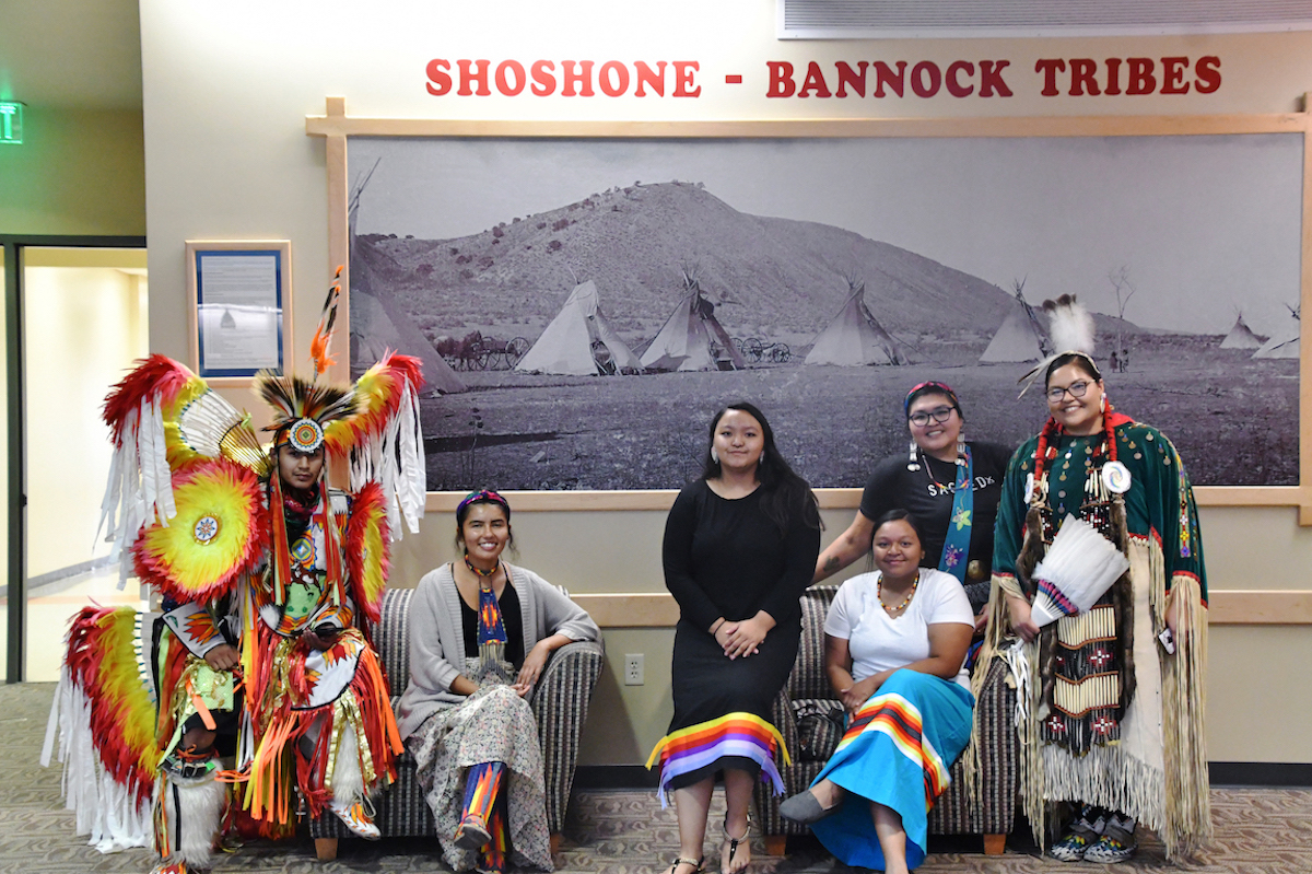 Members of Sho-Bann Tribe and ISU Sho-Bann students in regalia.