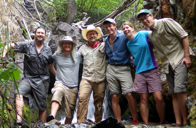 Top of Transect 5 by the waterfall on Cougar Creek 2014 Big Creek Crew, Matt Schenk, Adam Eckersell, Colden Baxter, John Whiting, Mirijam Scharer and Martin Ventura.