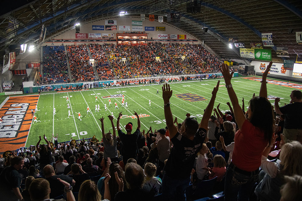 The crowd cheering at the Homecoming game