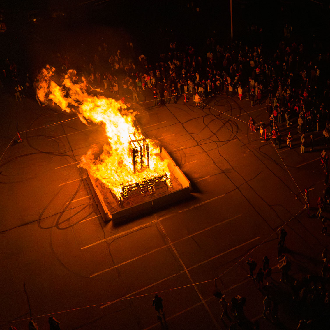An aerial view of the ISU Homecoming Bonfire at the ICCU Dome