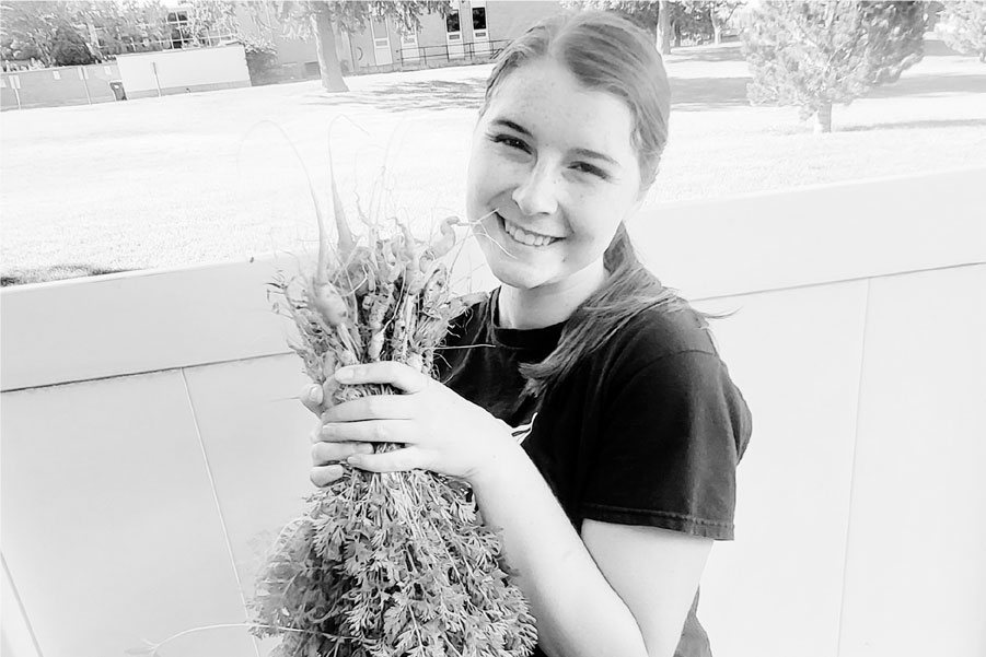 Nielsen harvesting carrots for Benny’s Pantry at the Idaho State Garden—getting to the root of food security.