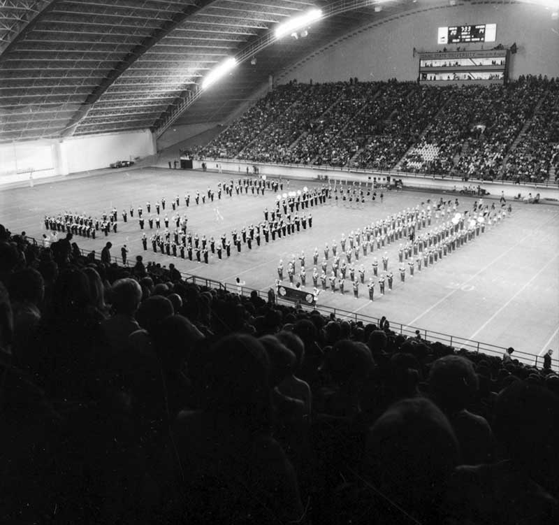 Halftime show in which people arrange themselves to spell ISU