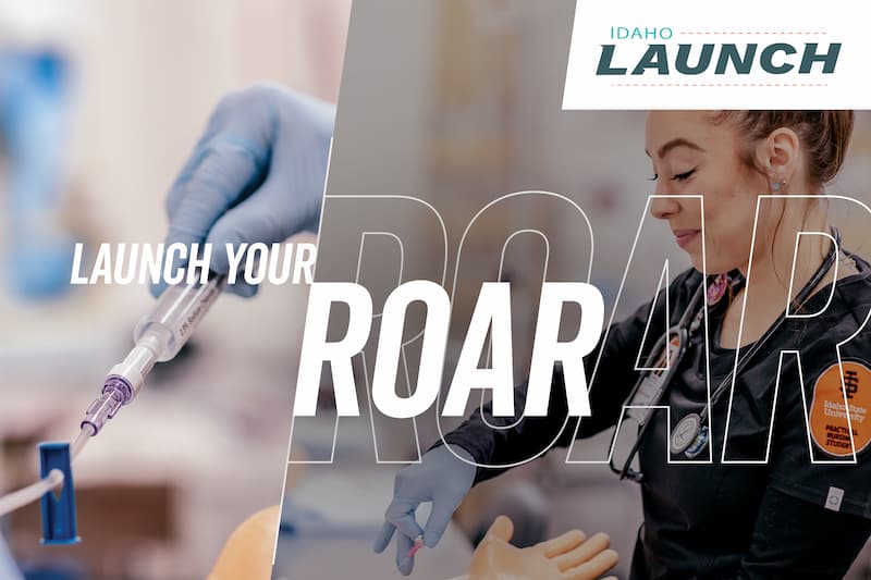 Idaho Launch logo and ROAR, medical lab students doing tests