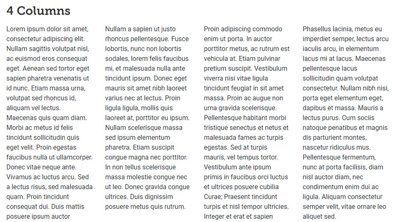 Screenshot of a 4 column content type