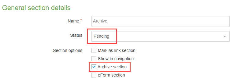 Screenshot showing highlights on the pending field and archive option