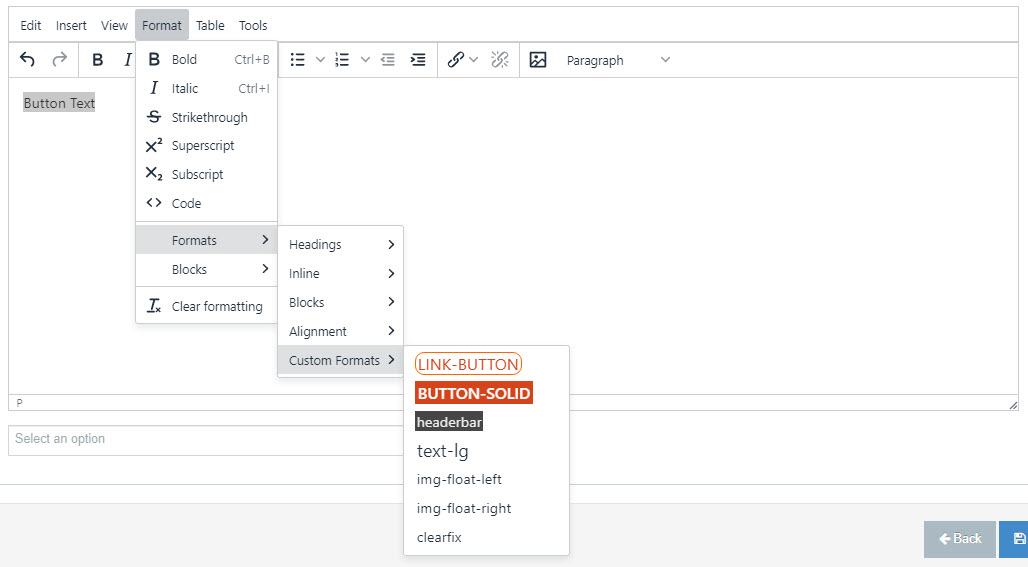 The format menu with button options