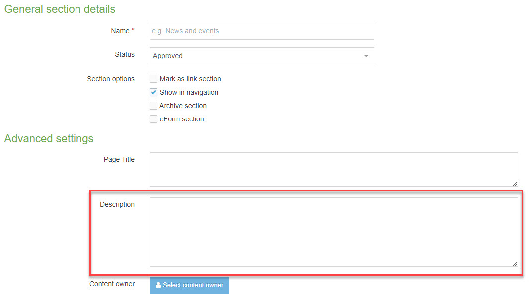 The description field highlighted on the general section details page