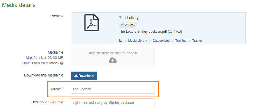 Screenshot of name field in the media library