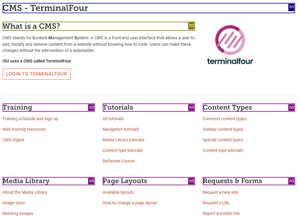 The CMS site homepage with all headings highlighted and labeled