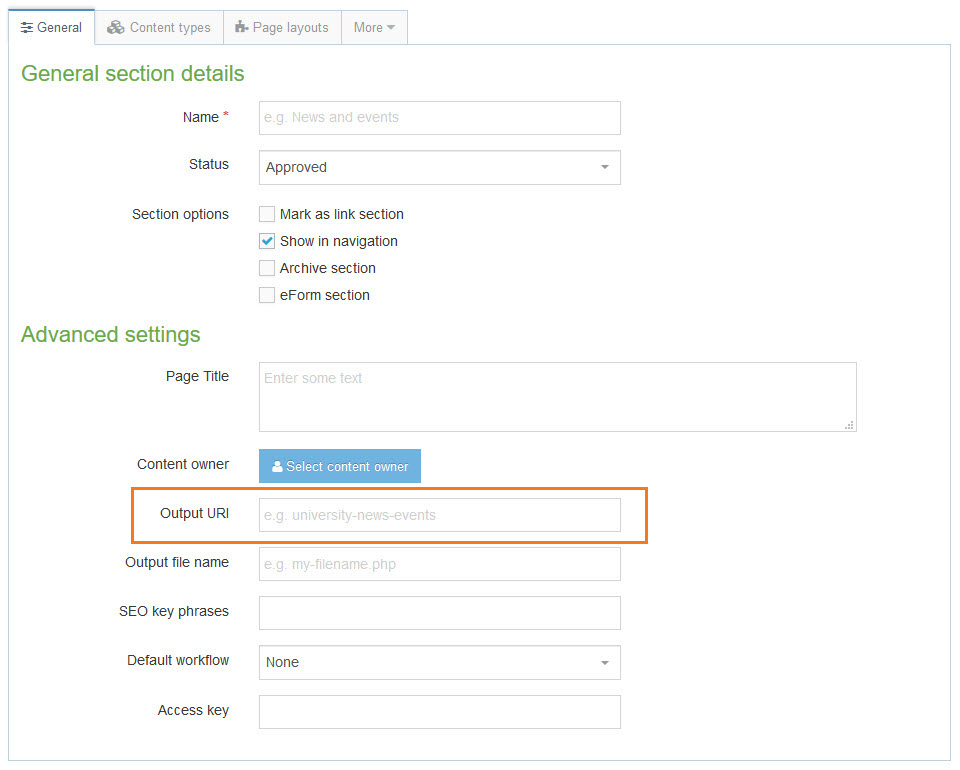 Physical location of output URI on section details