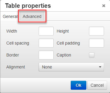 Advanced tab in table properties