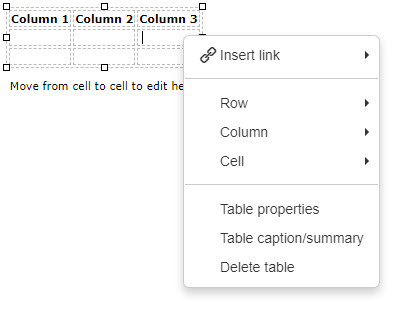 Menu for table editing