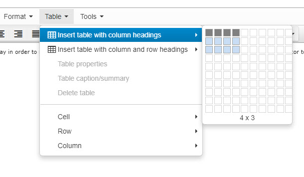 Menu for creating tables