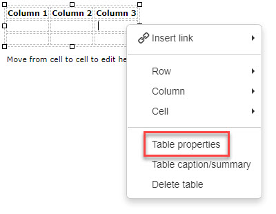 Table properties option in menu