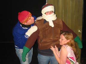 From left, cast members Josh Hurley, Tracy Mull, and Jamie Romine rehearse.