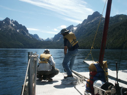 Researchers on Redfish Lake in process of taking sample. Photo by Jason Addison. Photos provided by Mark Shapley.