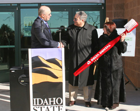 From left, Delta Dental of Idaho Board Chair Steven Bruce, ISU President Arthur Vailas and Delta Dental of Idaho President and CEO Tami Brandstetter.