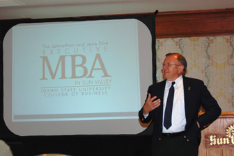 ISU Business Dean Ken Smith making presentation on ISU executive MBA program at a meeting in the Wood River Valley.