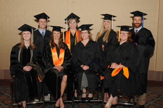 2010 ISU-Meridian Student Excellence honorees from left are Whitney Bennett, pharmacy; J. Matt Broders, athletic administration; winner Laura Bainbridge, undergraduate nursing; Colette Stroud, communication sciences and disorders; Beth Guryan, counseling; Tara Toone, speech-language pathology; Tricia Beveridge, graduate nursing; and Joel Sankey, ISU 2010 Outstanding Doctoral Student.