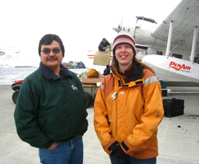 Kate Reedy-Maschner in the field with Akutan, Alaska, Mayor Joe Bereskin.