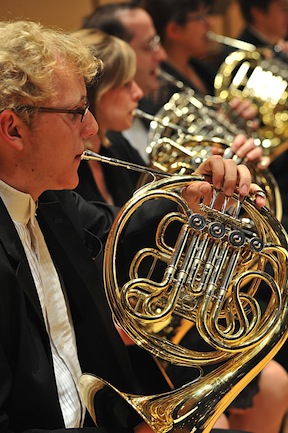 ISU Music student Sean Johnson and members of the French horn section.   