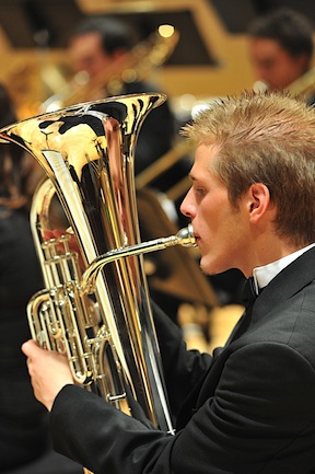 Wind Ensemble member Devin Hansen playing the euphonium