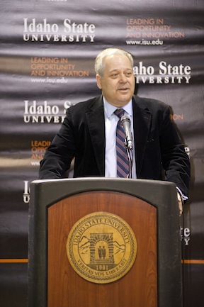 ISU President Arthur C. Vailas speaking at the Oct. 4 press conference announcing the partnership.