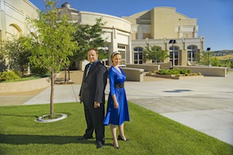 Jared Johnson, left, and Teaira Burge outside of the Stephens Performing Arts Center