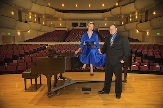 Teaira Burge, left, and Jared Johnson inside the Jensen Grand Concert Hall. (ISU Photographic Services photo)