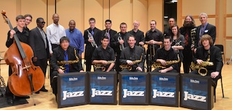 Members of the ISU Jazz I Big Band with the Marcus Roberts Trio at the Idaho State Civic Symphony sponsored High School Invitational Jazz Fest.