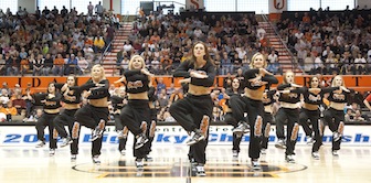 2011-12 Bengal Dancers performing at an ISU Women's Basketball game. (ISU Photographic Services)