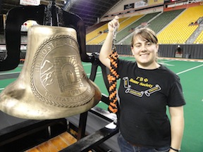 Sarah Nathan with the new bell rope.