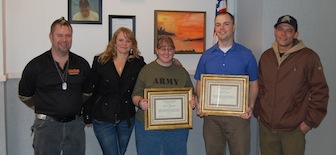  Photo 2: 2011 Scholarship presentation. Pictured from left are 2010 recipient Marine Veteran Kale Bergeson, Hooligans' owner Elaine Prokschl, 2011 recipients Army Vet Tomarra Byington and Air Force Vet Jacob Davies, and Stephens' friend Frankie Rosa.
