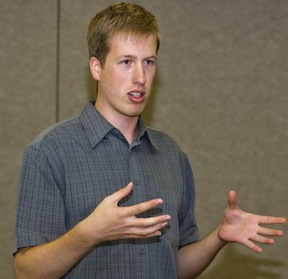 ISU INBRE researcher Steven Boomhower addresses his peers at a recent INBRE orientation at Idaho State University.