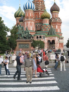 Naidu with Saint Basil's Cathedral in the background in Moscow, Russia