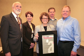 From left, College of Pharmacy Dean Paul Cady; Division of Health Sciences Associate Vice President Linda Hatzenbuehler; ISU-Meridian Dean Bessie Katsilometes; Hummel architect Ed Daniels, and architect John Julian, Idaho Division of Public Works.