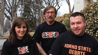 From left, Hillary Eldredge, Jim Kluza and Luke Romero, are among the 23 students that have helped organize and coordinate the CEDA Nationals at ISU March 22-26.