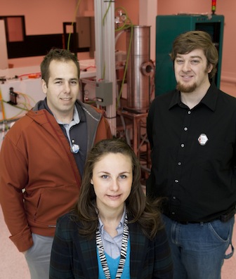 From left, ISU nuclear engineering students Jon Jensen, Malwina Chaczko, and Scott McBeath, who recently presented research in Boston, pose in the ISU RISE Complex. (ISU Photographic Services)
