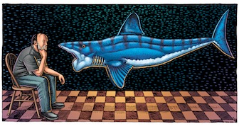 A Man, A Shark, and 20 Years. Ray Troll contemplating Helicoprion shark. (Drawing by Ray Troll)