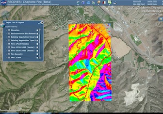 A screenshot of the Charlotte Fire test site that displays the type of information that can now be readily available to wildfire fighters.