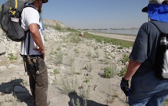 Adam Clegg and Mary Thompson looking at the camel trackway. (Photo courtesy of the Idaho Museum of Natural History)